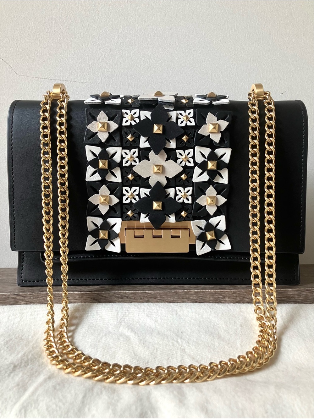 ZAC Zac Posen Earthette Floral Garden Chain Shoulder/Crossbody Black Leather Bag
